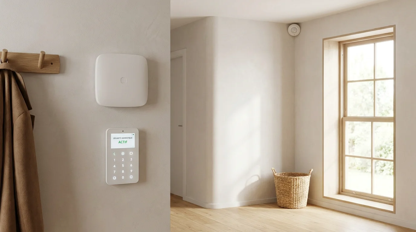 Système d'alarme sans fil installé dans l'entrée d'une maison avec centrale, détecteur de mouvement et clavier de commande