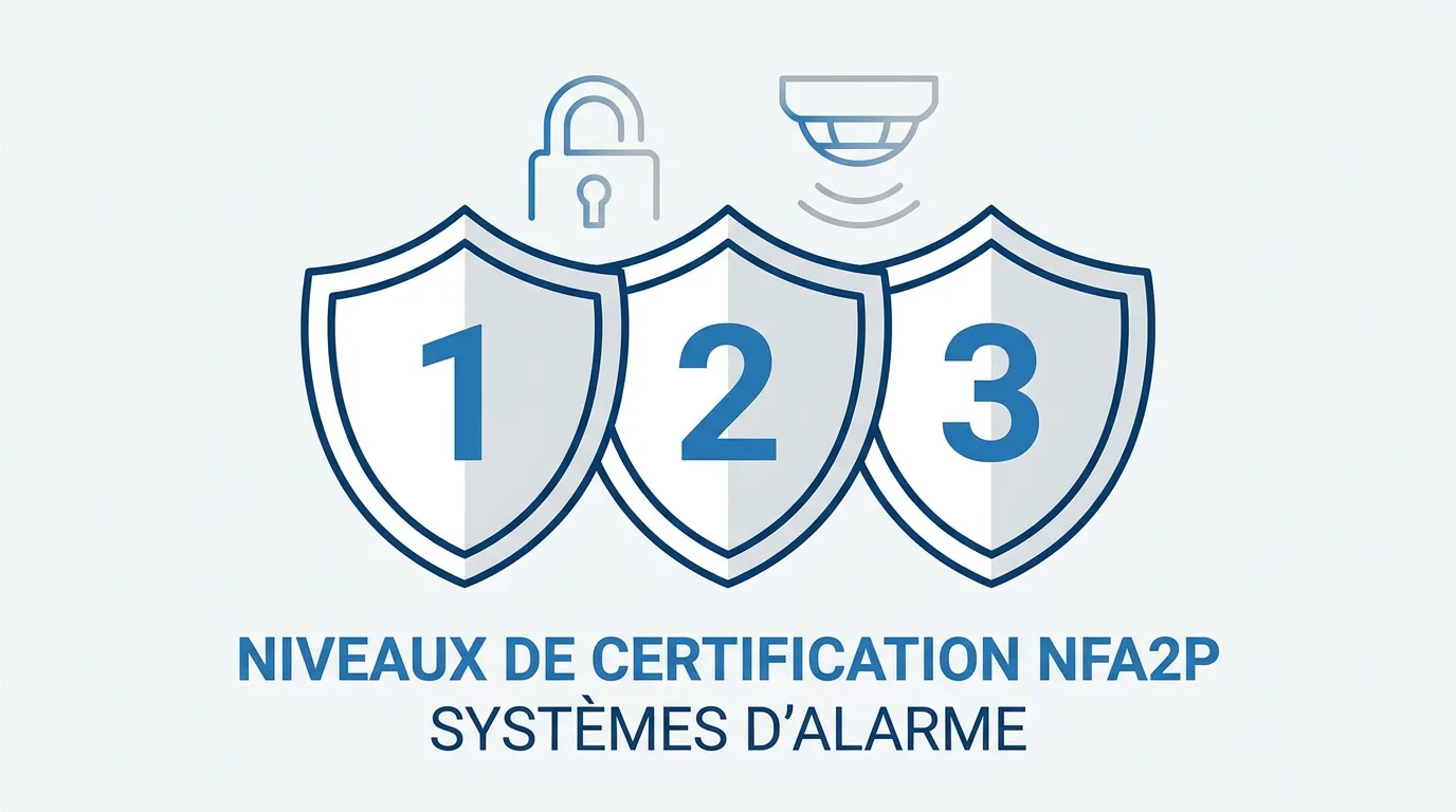 Schéma des trois niveaux de certification NFA2P bouclier 1, 2 et 3 pour les alarmes
