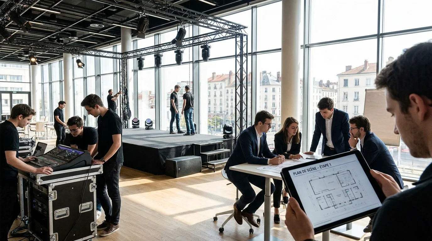 Jeunes professionnels préparant un événement dans un espace de réception en France