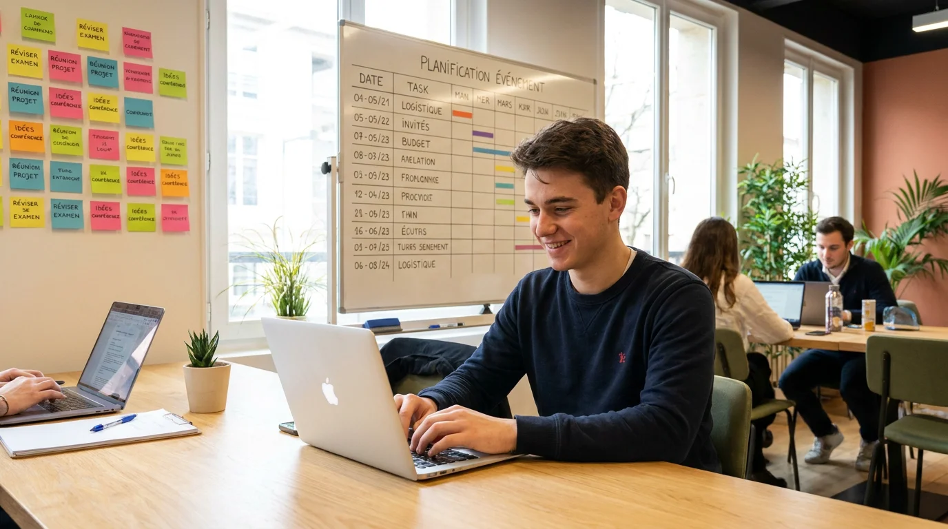 Étudiant préparant sa candidature pour un stage événementiel dans un espace de coworking