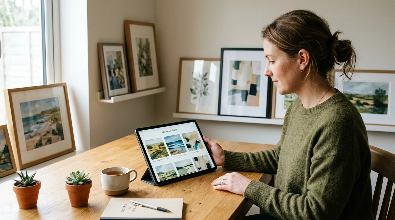 A collector browsing original artworks on a tablet beside framed paintings