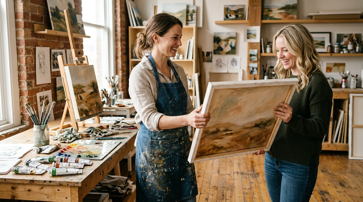 An artist handing a finished original painting to a client in a studio