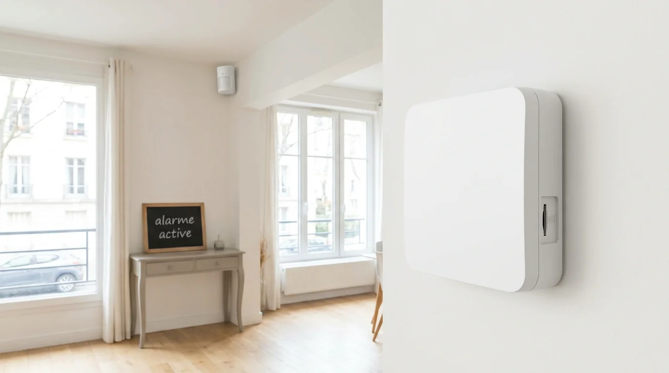Centrale d'alarme sans fil GSM installée sur un mur intérieur dans une maison française