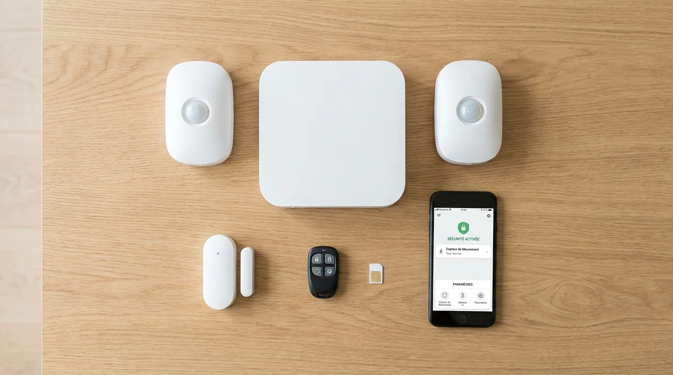 Composants d'un kit alarme sans fil GSM disposés sur une table en bois