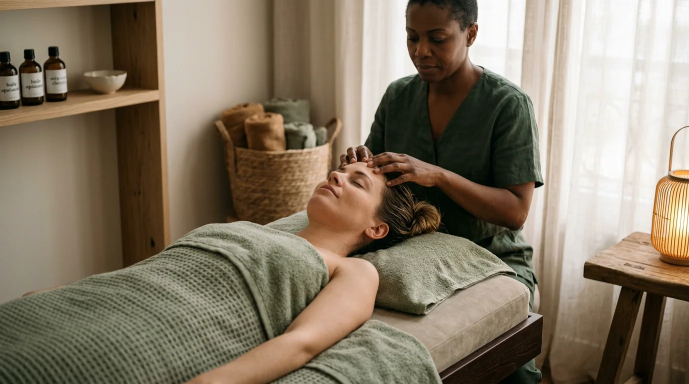 Soin head spa relaxant réalisé sur une cliente dans un institut apaisant