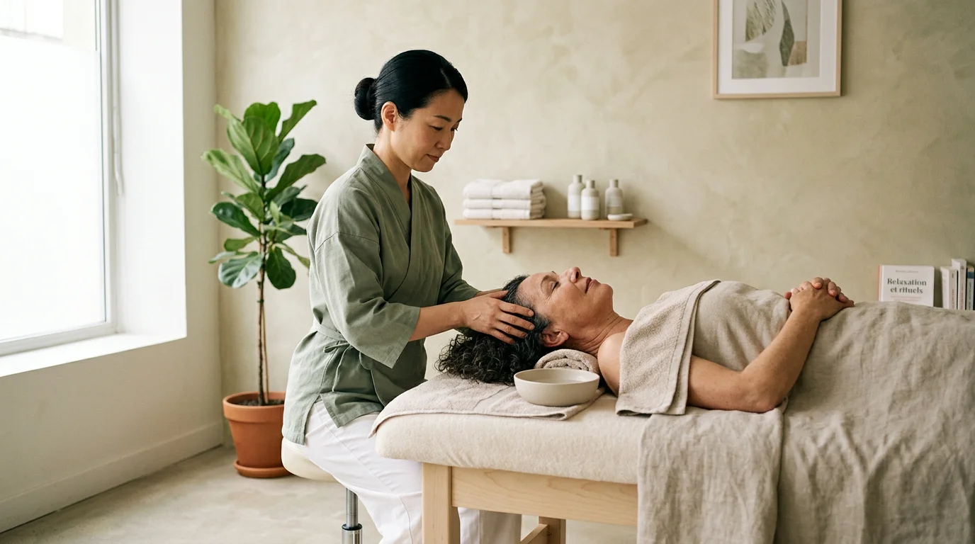 Praticienne réalisant un soin head spa japonais sur le cuir chevelu d'une cliente allongée