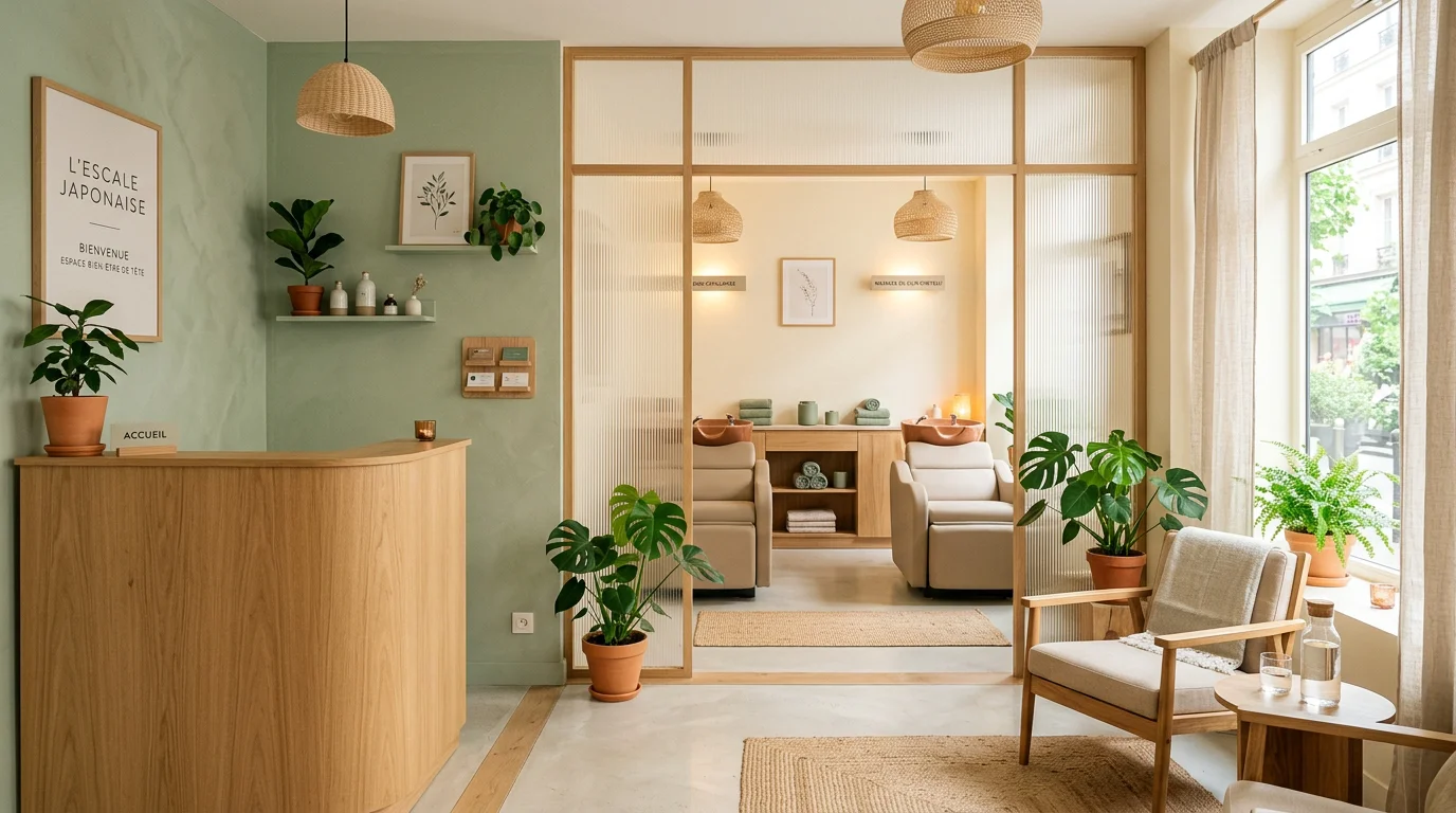 Intérieur lumineux et apaisant d'un institut de head spa avec décoration naturelle