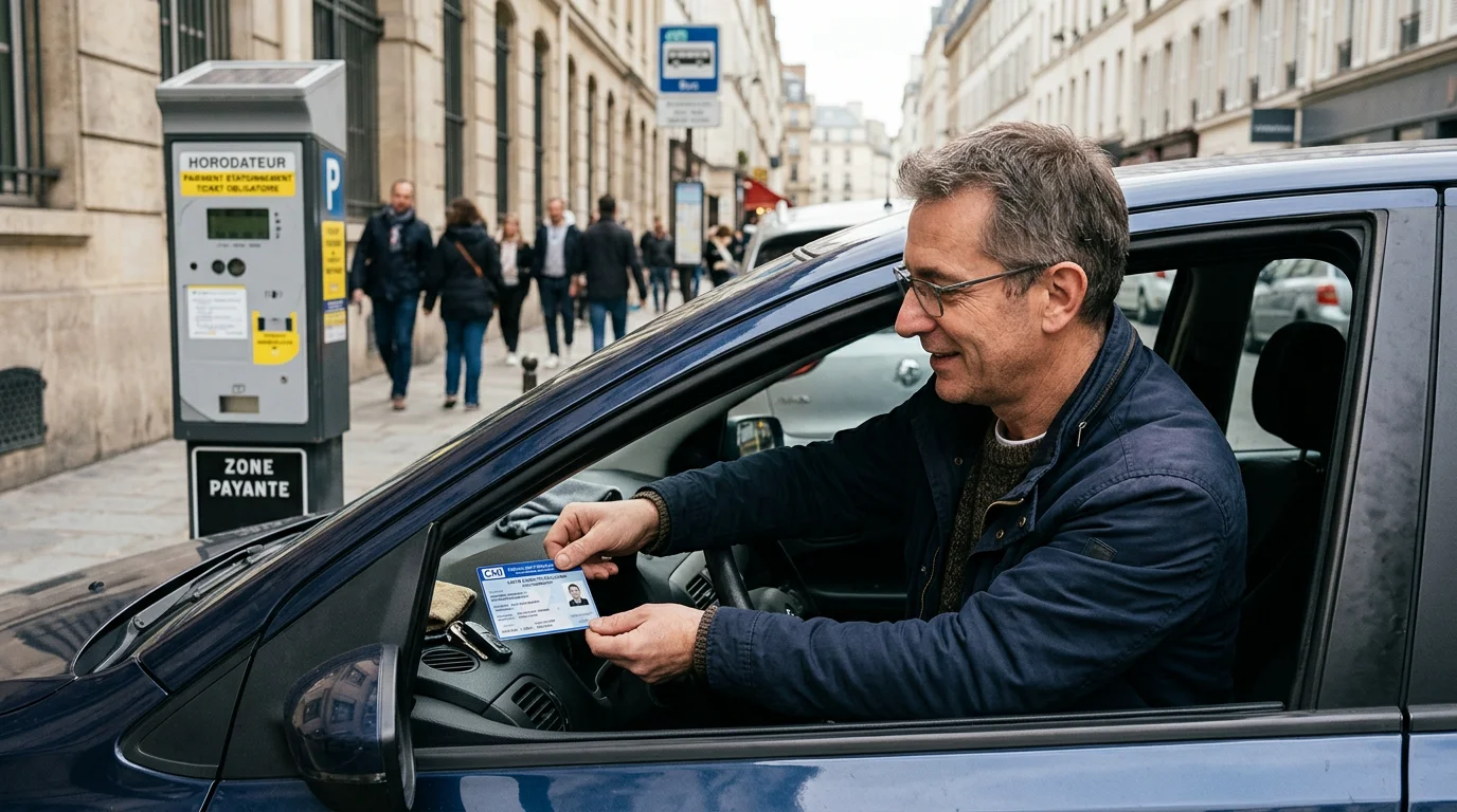 Conducteur plaçant sa carte mobilité inclusion stationnement sur le tableau de bord