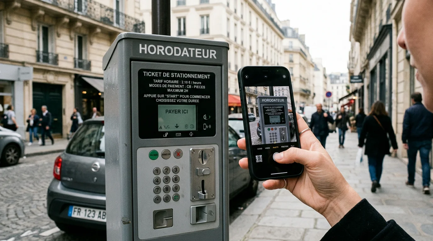 Personne photographiant un horodateur pour constituer une preuve de stationnement