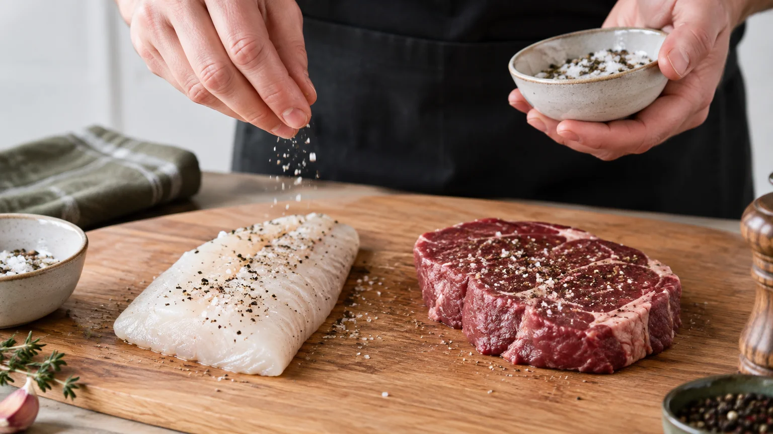 Assaisonnement léger d’un filet de poisson et d’une pièce de viande avant cuisson