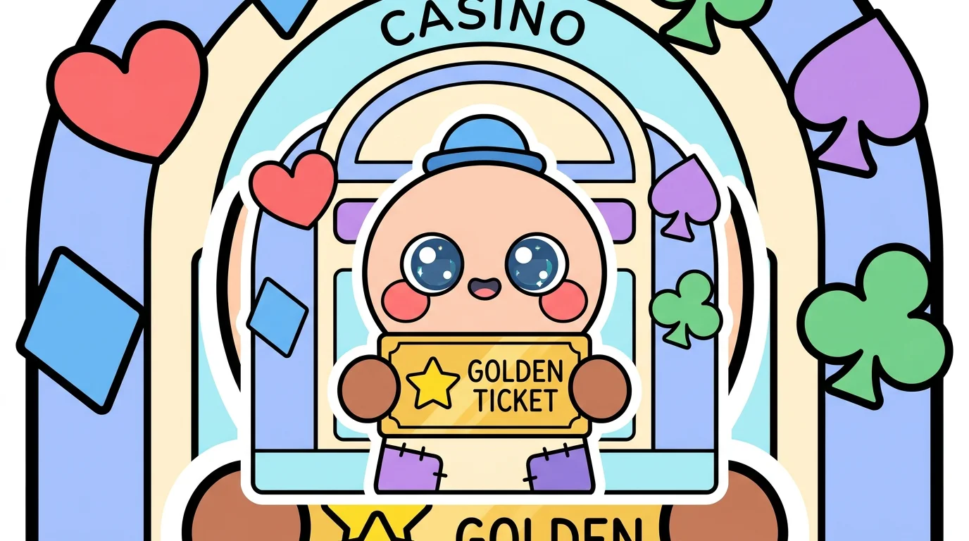Chibi character holding a golden free play ticket in front of a pastel casino entrance with floating card suit symbols