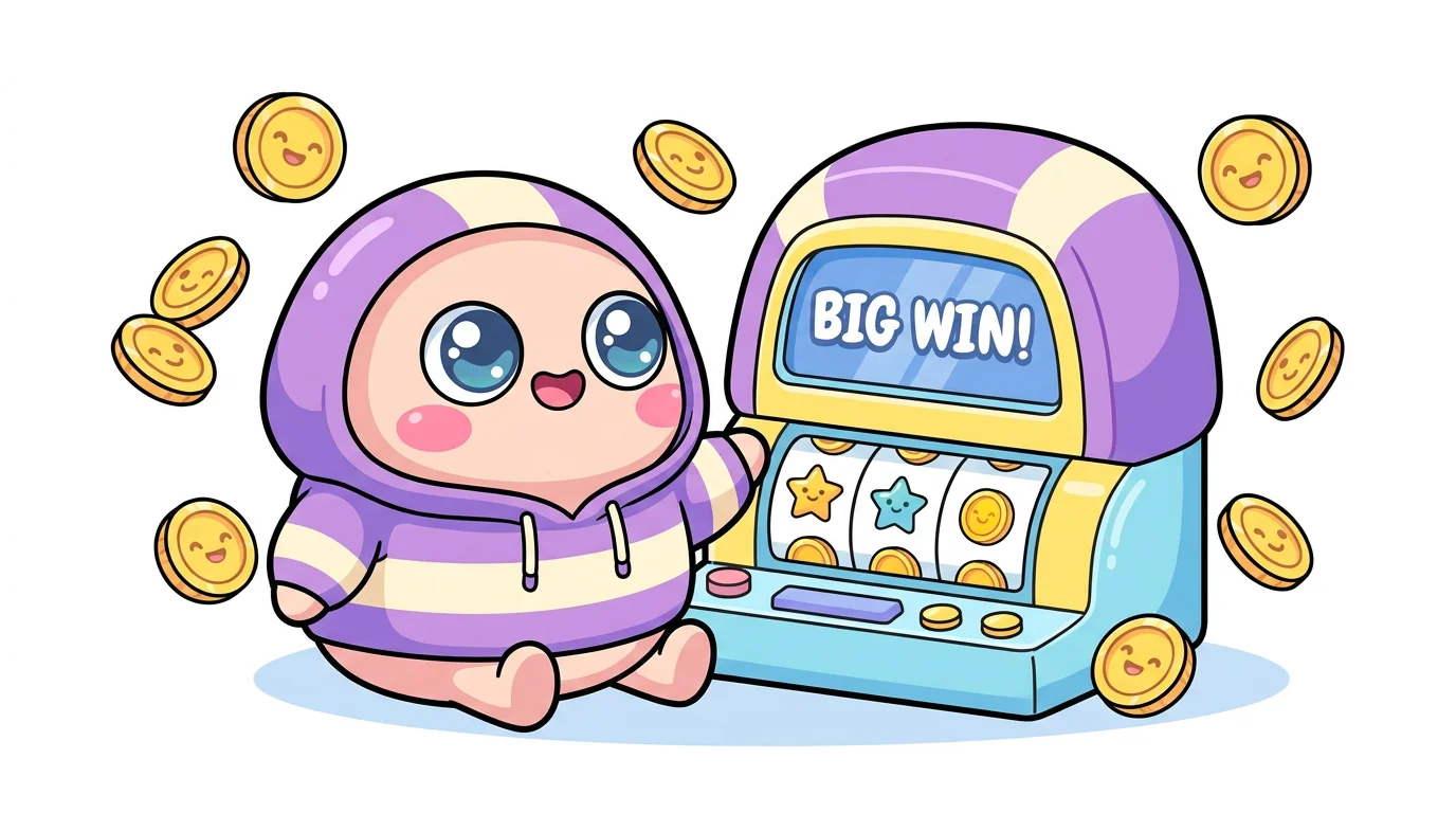 Cute chibi character happily playing a slot machine with gold coins floating around