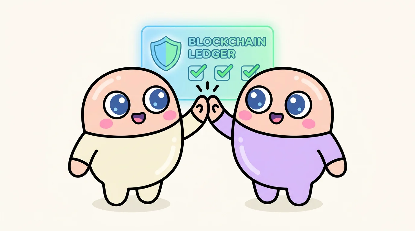 Two chibi characters celebrating in front of a blockchain verification ledger with checkmarks