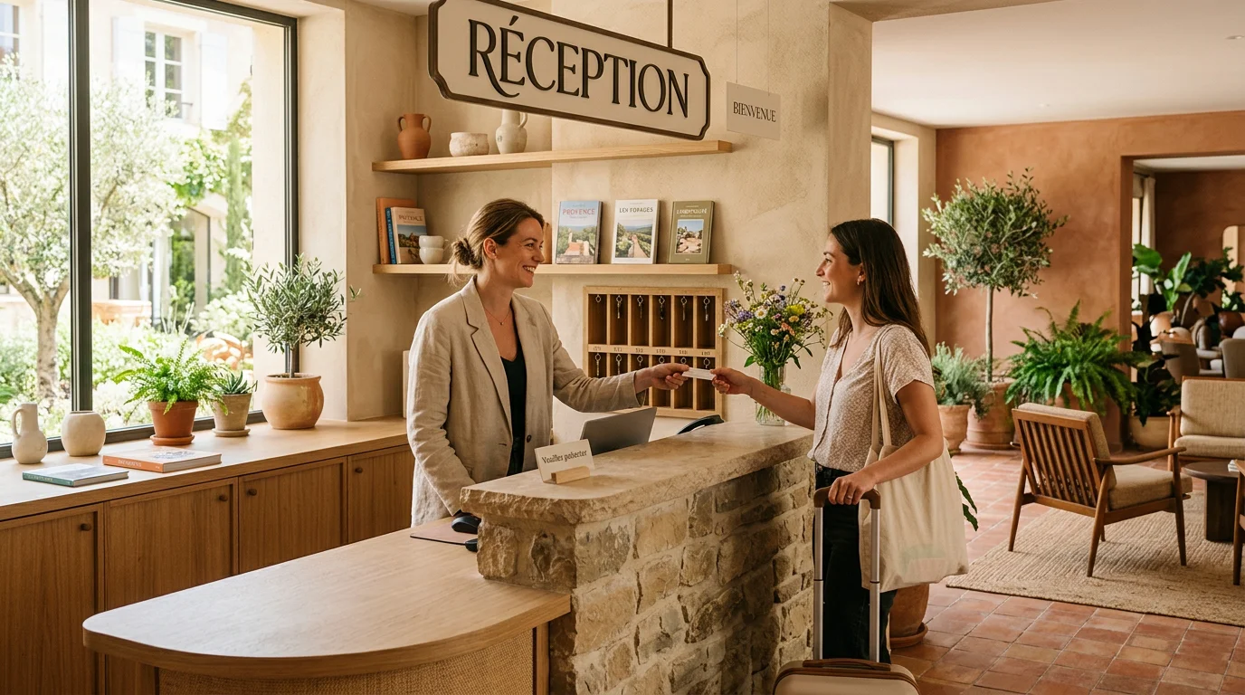 Réception d'hôtel accueillant un client dans une ambiance chaleureuse