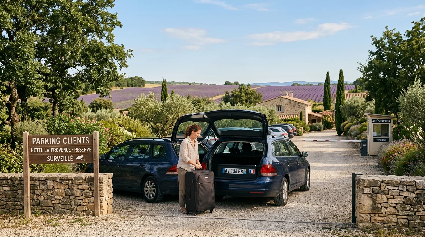 Voyageur préparant son départ depuis un parking d'hôtel en Provence