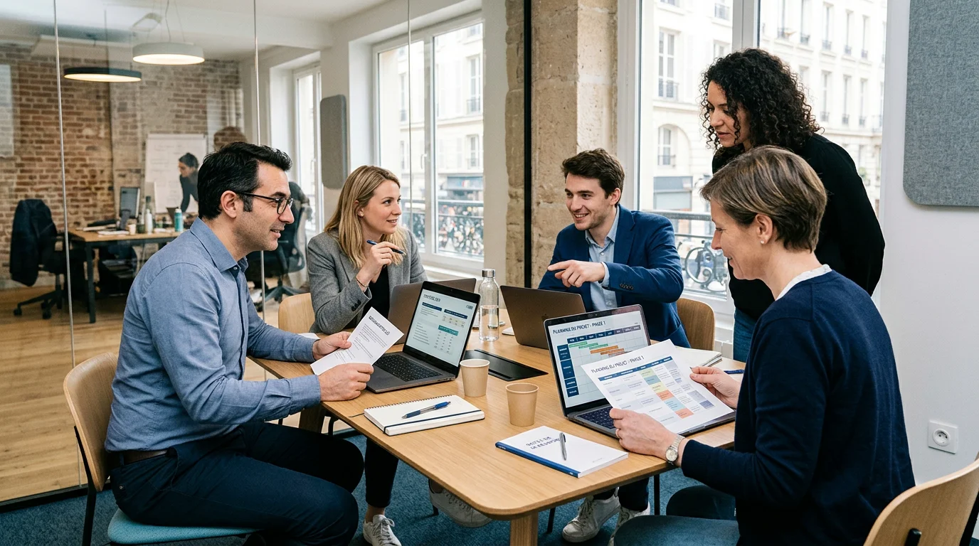 Équipe de conseil européenne collaborant autour d'un planning de projet