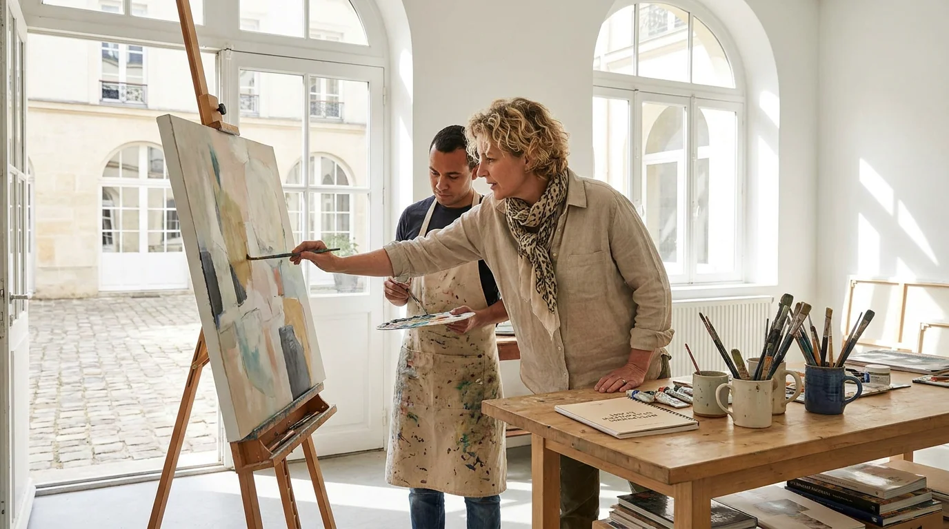 Séance d'art-thérapie en atelier avec une praticienne guidant un client à travers la peinture