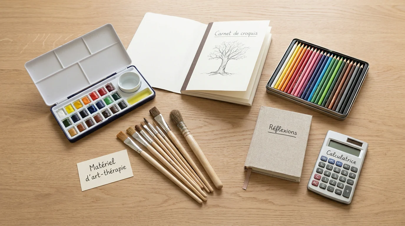 Outils d'art-thérapie et matériel de formation disposés sur un bureau en bois