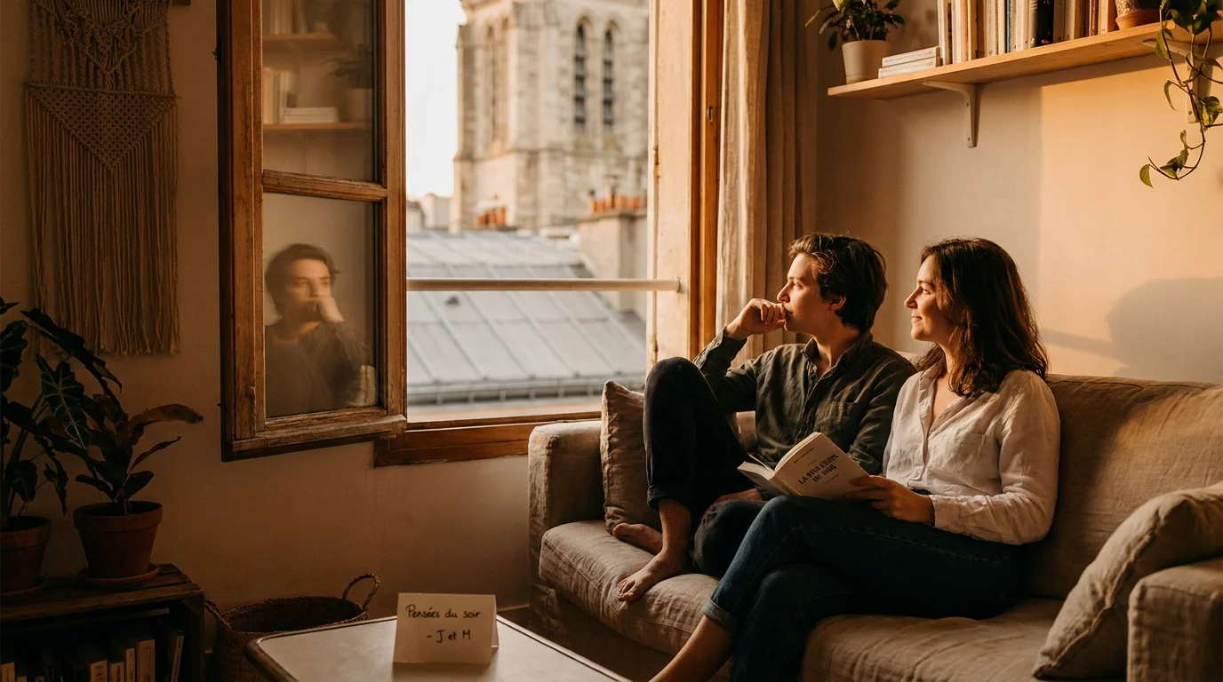 Personne pensive regardant son reflet dans une fenêtre, assise à côté de son partenaire sur un canapé