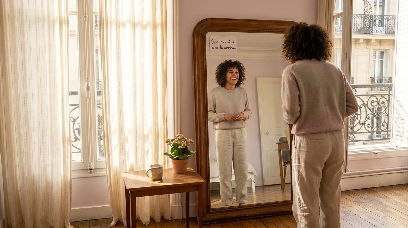 Personne souriante se regardant avec confiance dans un miroir éclairé par la lumière naturelle