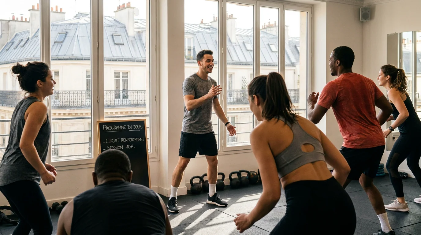 Jeune alternant encadrant une séance sportive dans une salle de sport en France