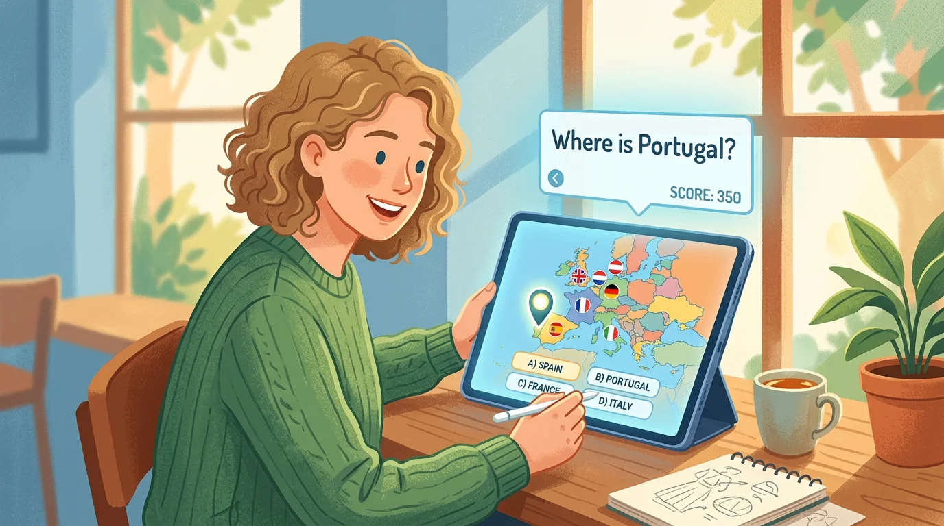 A young European player identifying countries on an interactive world map quiz game