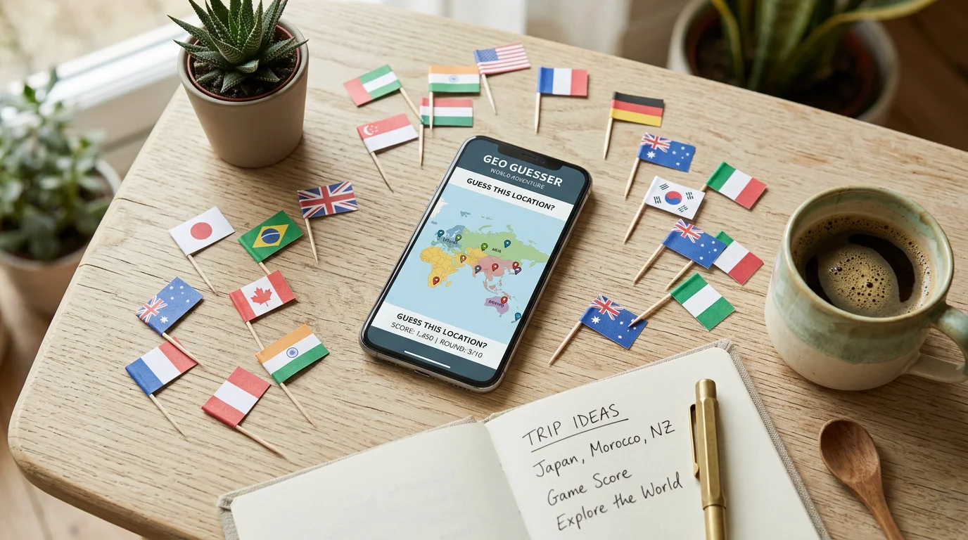 A smartphone geography guessing game surrounded by small national flags on a desk