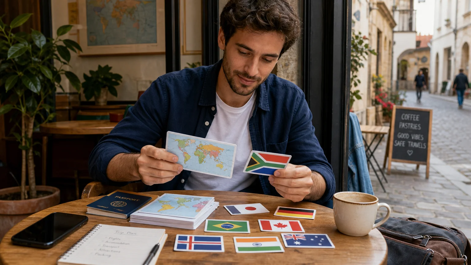 European traveler practising country recognition before an international trip