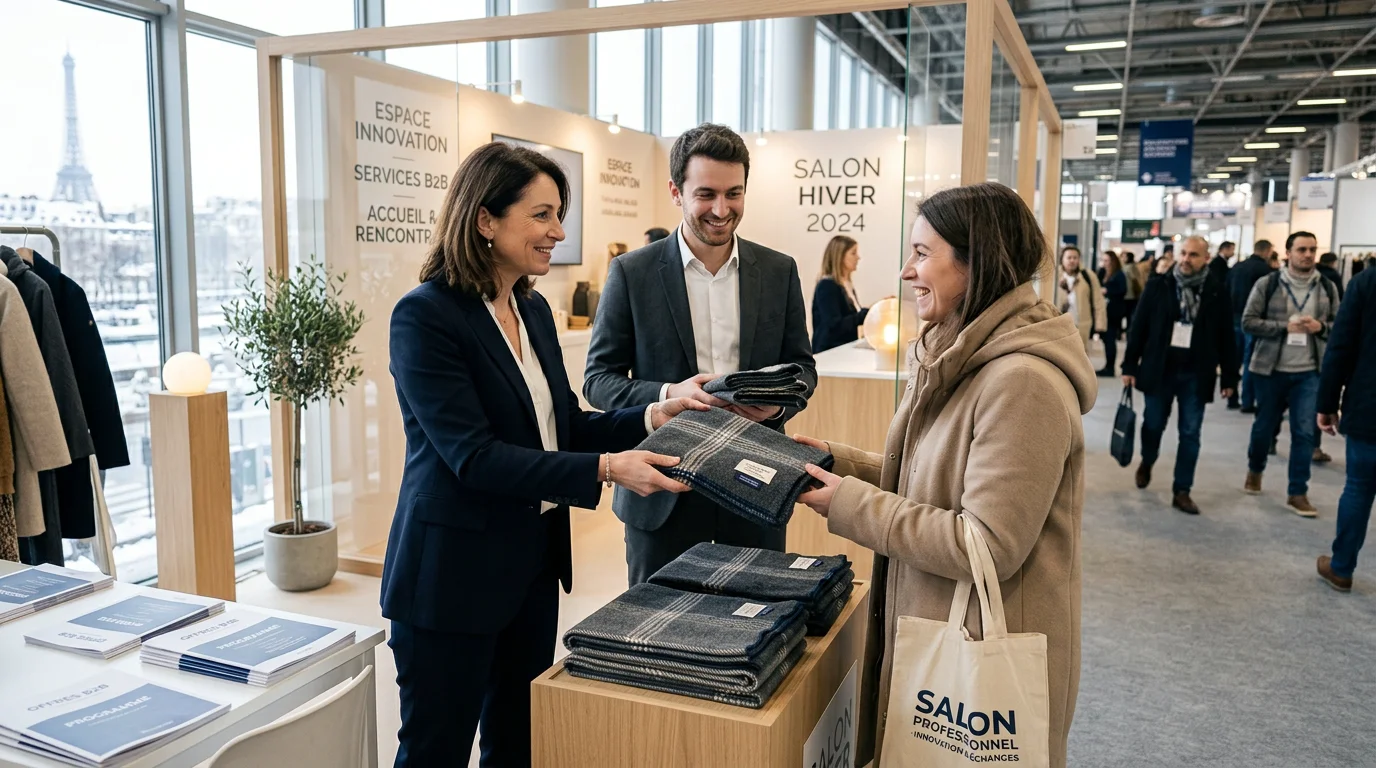 Remise d'une écharpe personnalisée sur un stand de salon professionnel en hiver