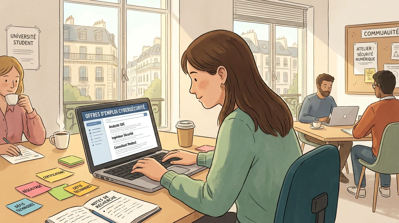 Étudiant recherchant une alternance en cybersécurité sur un ordinateur portable dans un espace de coworking