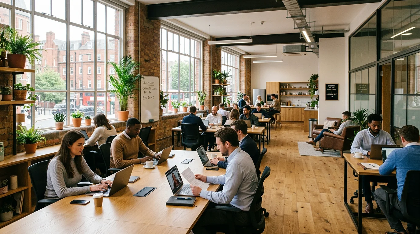 Open-plan coworking space with shared hot desks and natural light