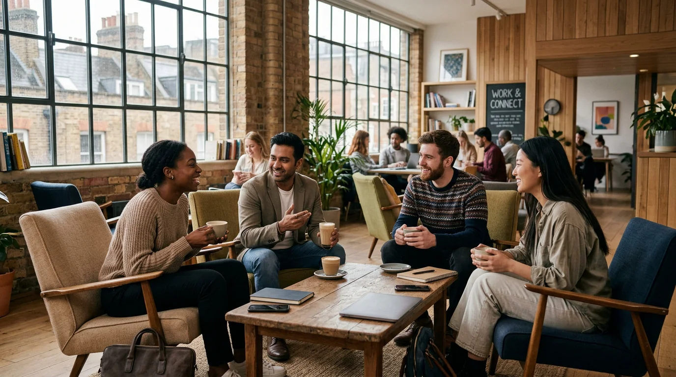 Professionals networking over coffee in a shared workspace lounge