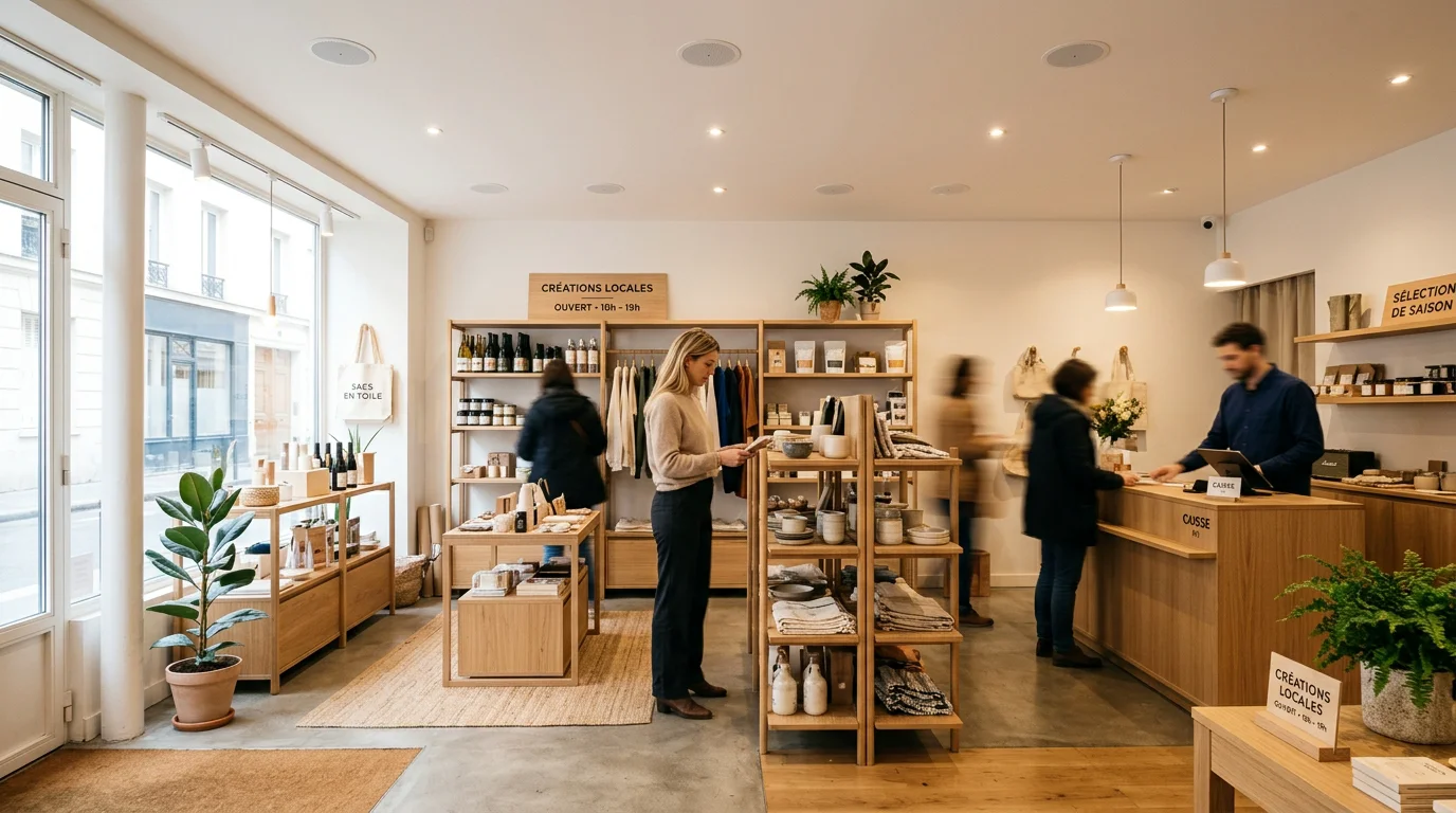 Enceintes de sonorisation discrètes au plafond d'une boutique française
