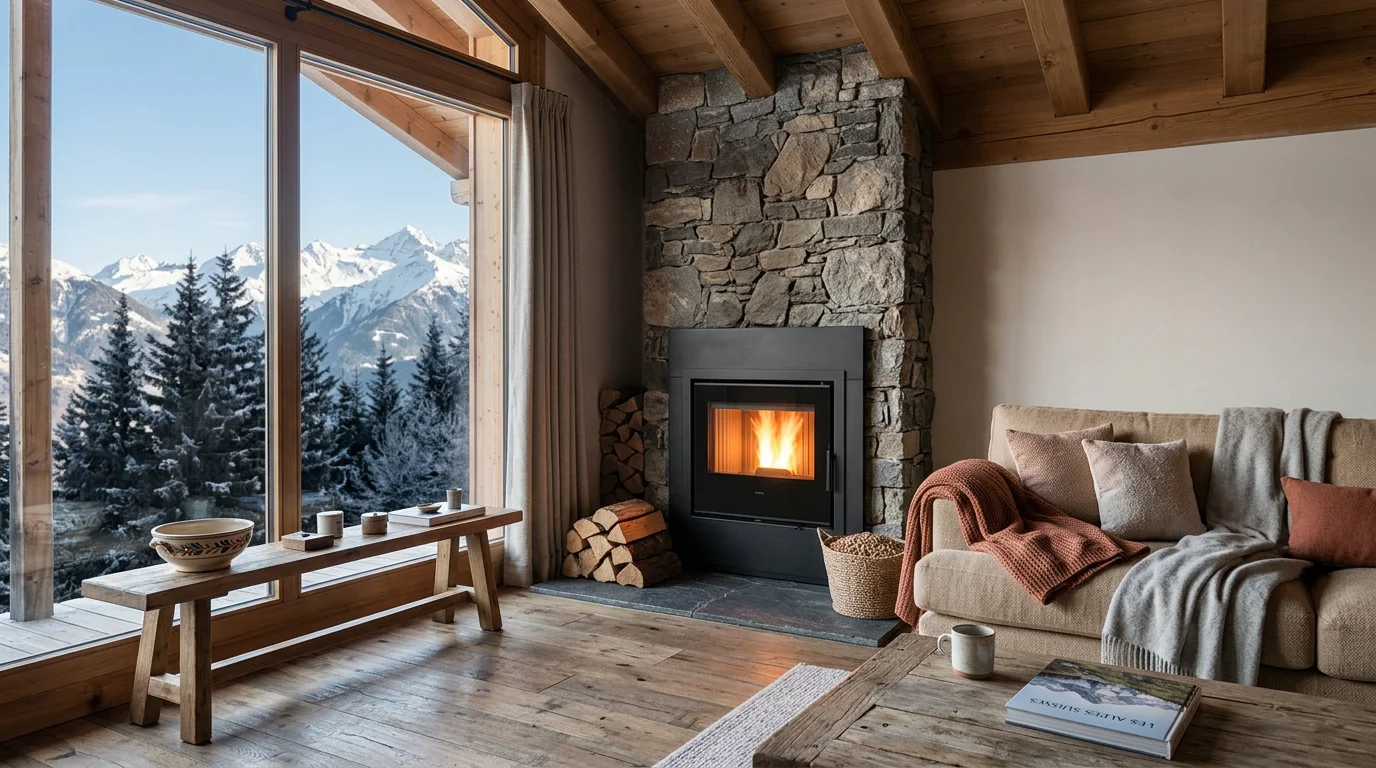 Insert à granulés allumé dans le salon d'un chalet suisse avec vue montagne