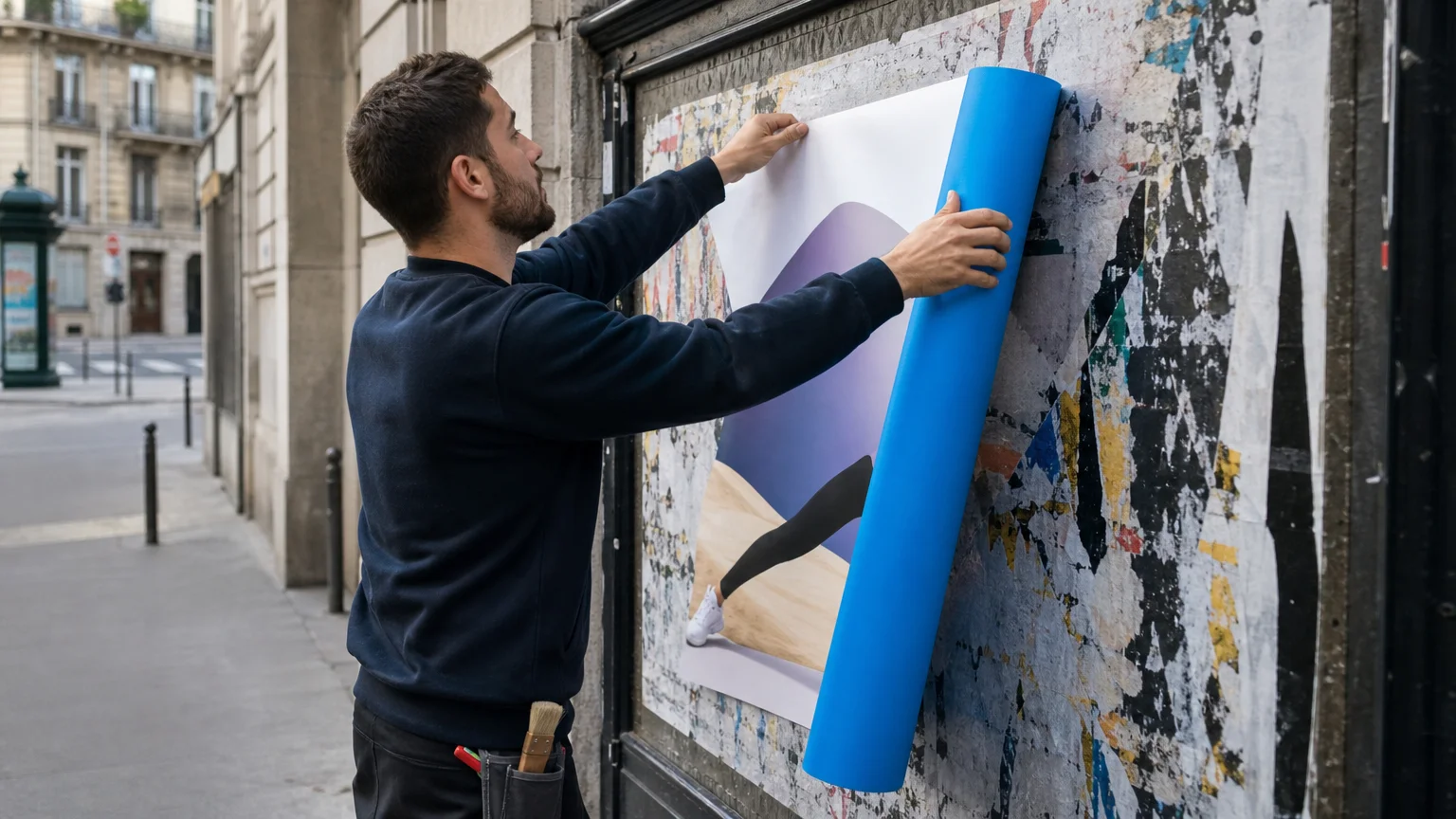 Pose d’une affiche grand format sur papier dos bleu