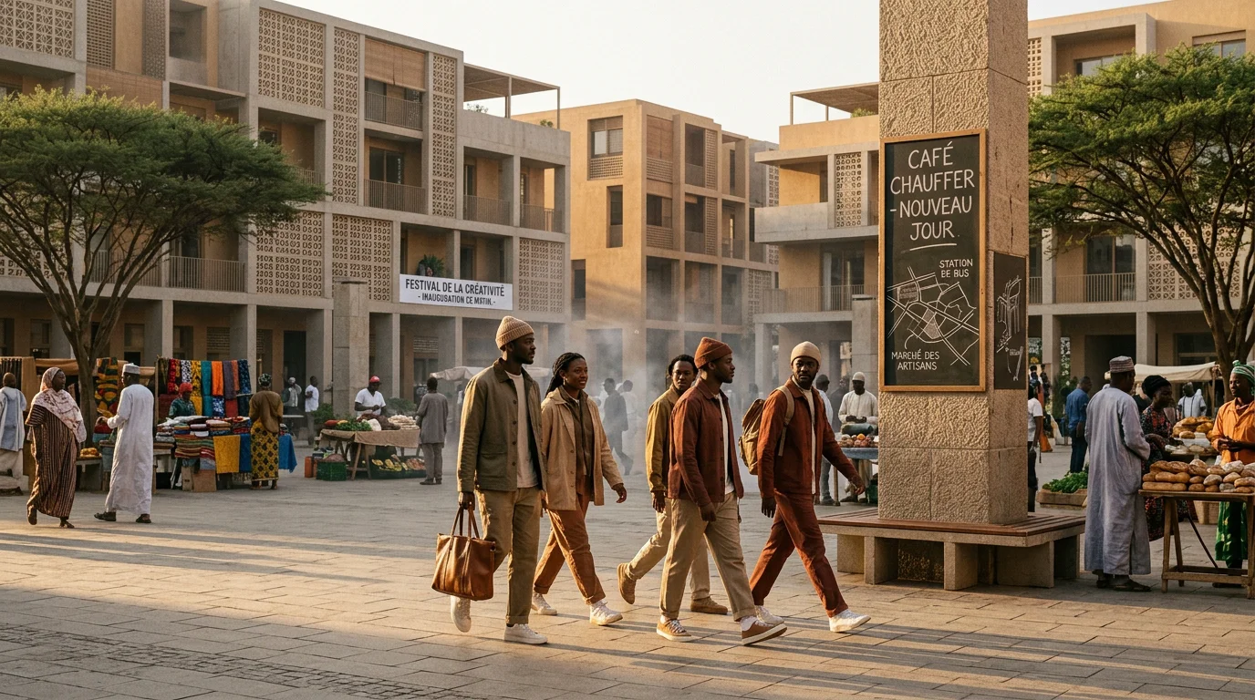 Jeunes africains en streetwear sur une place urbaine au lever du jour