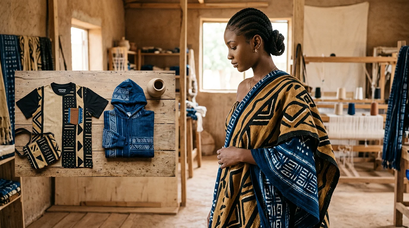 Textiles africains contemporains drapés dans un atelier de création streetwear