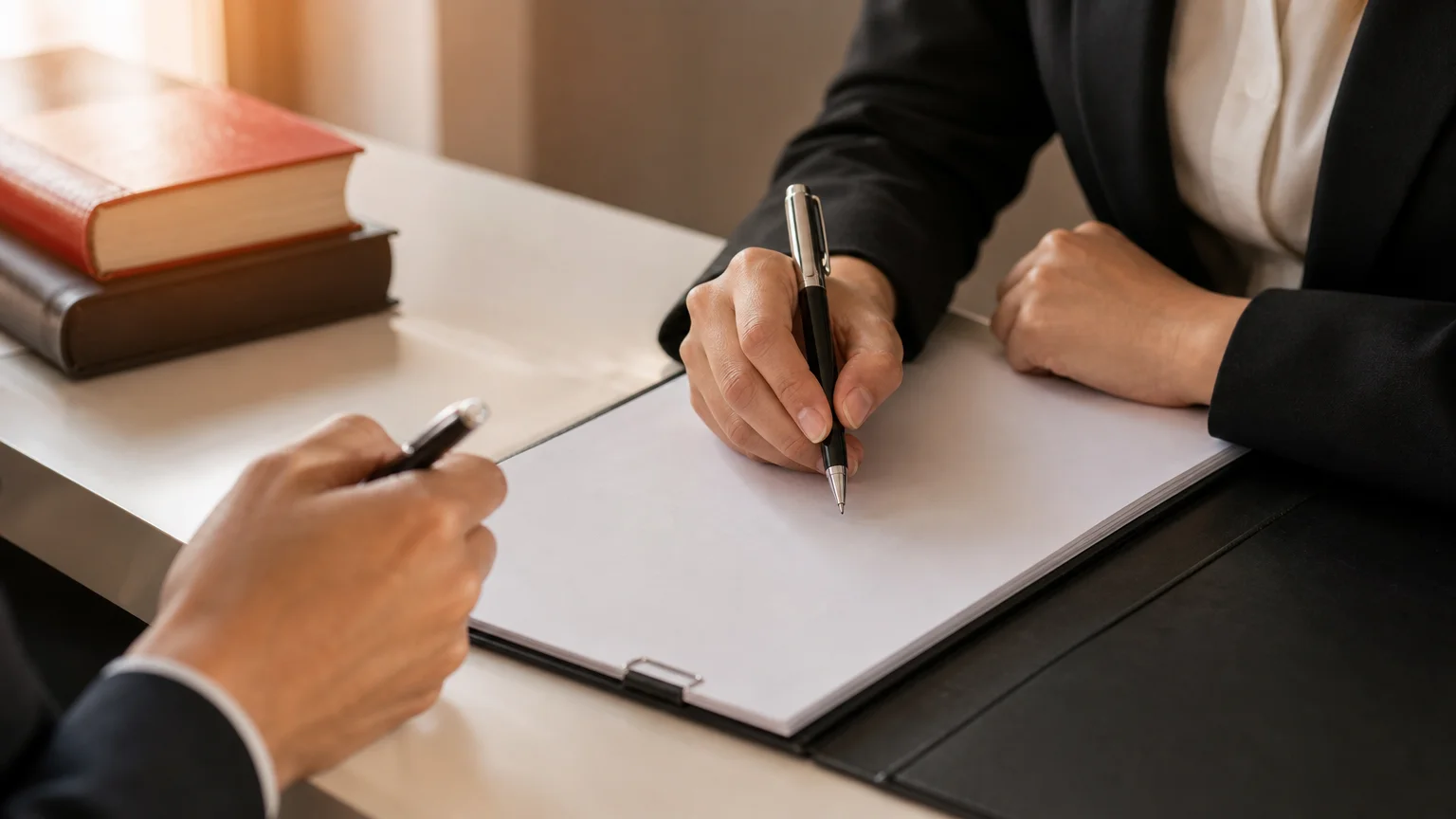 Mains signant un document juridique lors d’un rendez-vous au cabinet.