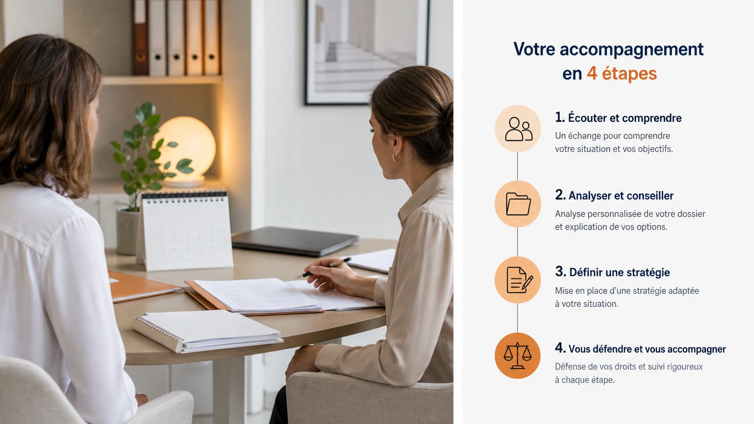 Consultation juridique autour de documents dans un bureau sobre et lumineux.