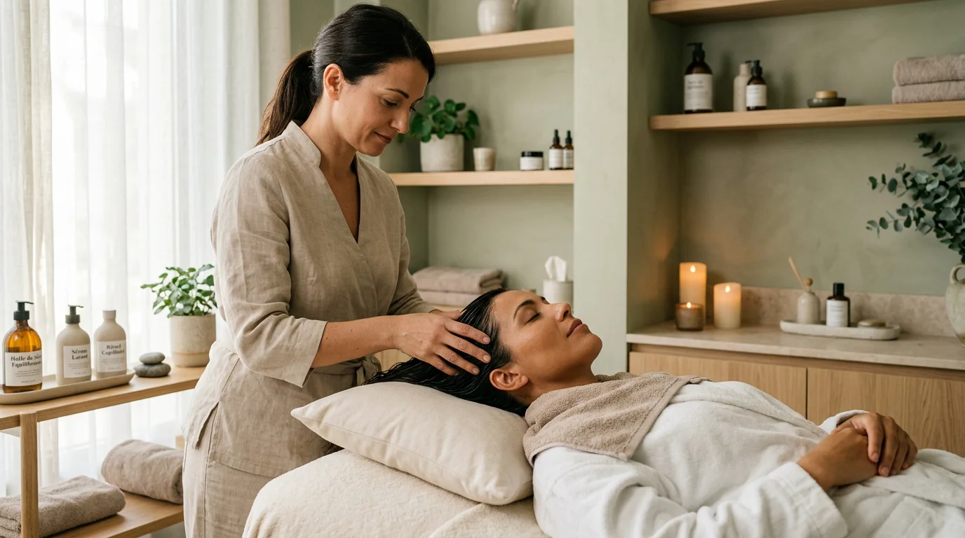 Cliente recevant un soin Head Spa relaxant dans un centre de bien-être