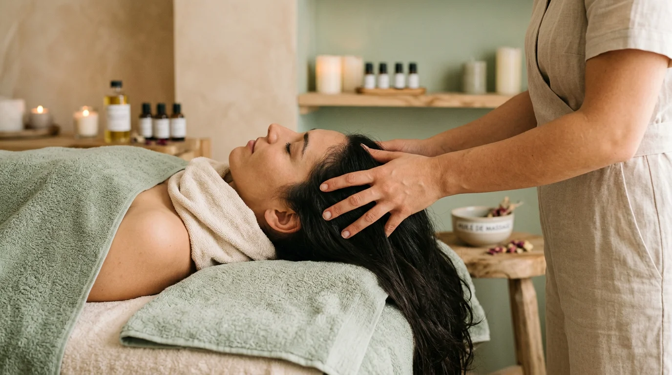 Mains d'une praticienne effectuant un massage du cuir chevelu lors d'un soin Head Spa