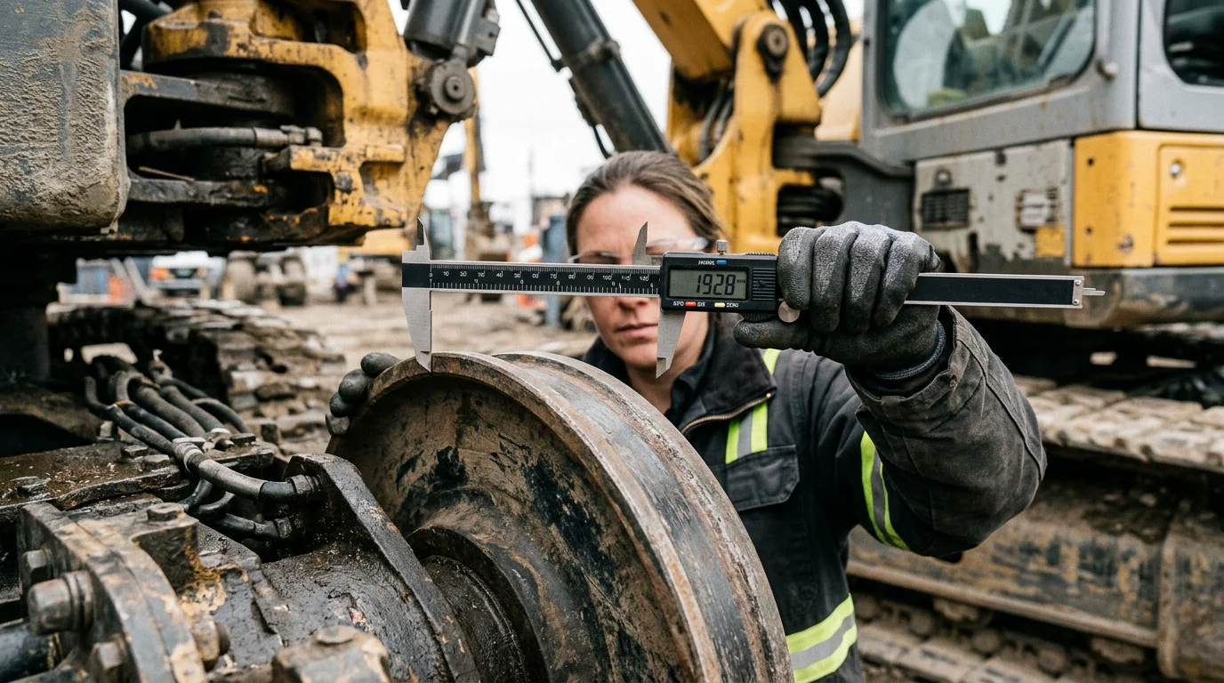 Technicien mesurant une roue folle de mini-pelle au pied à coulisse