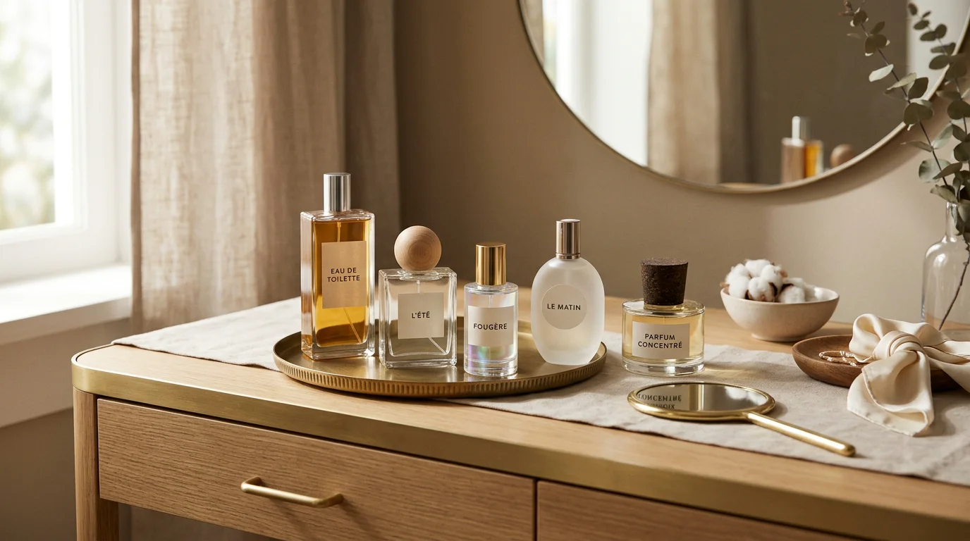 Plusieurs flacons de parfum posés sur une coiffeuse dans une lumière naturelle