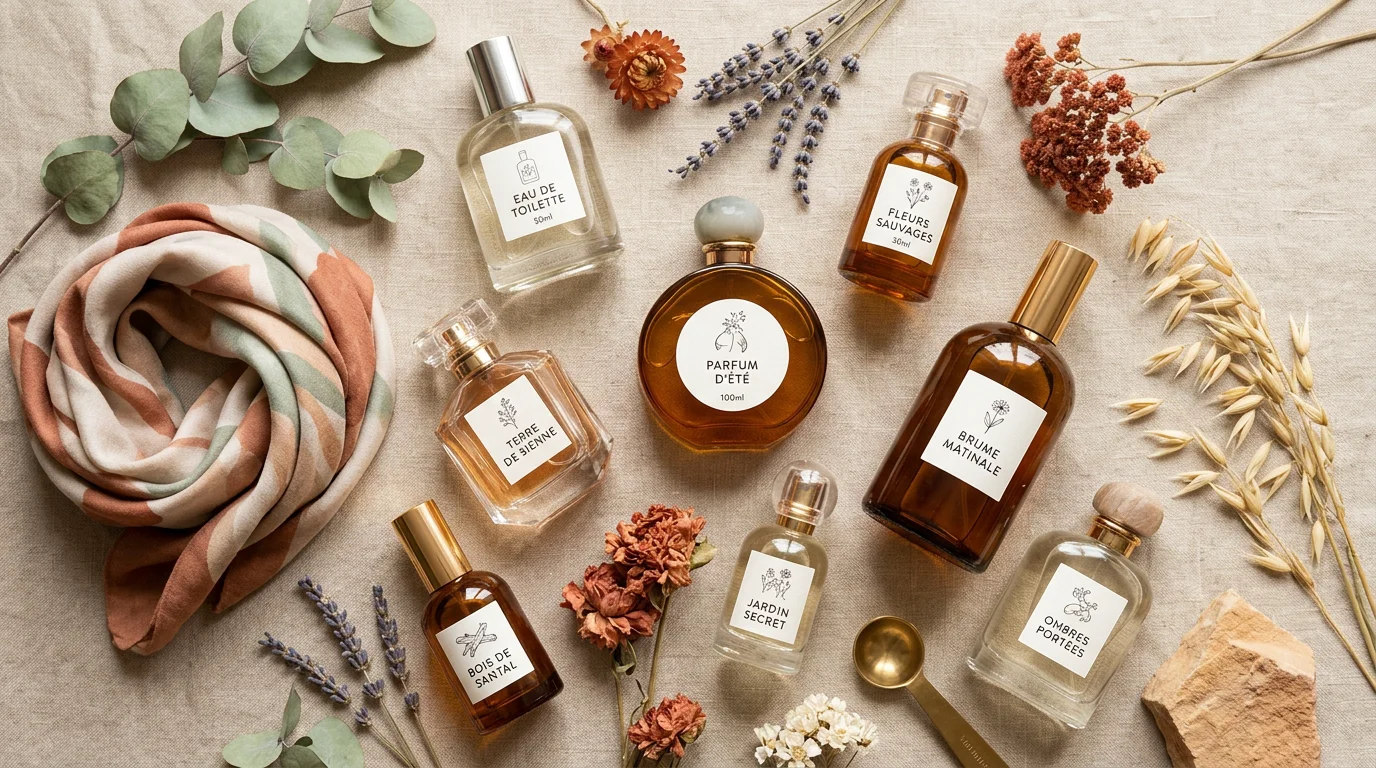 Composition de flacons de parfum et de fleurs séchées sur une nappe en lin