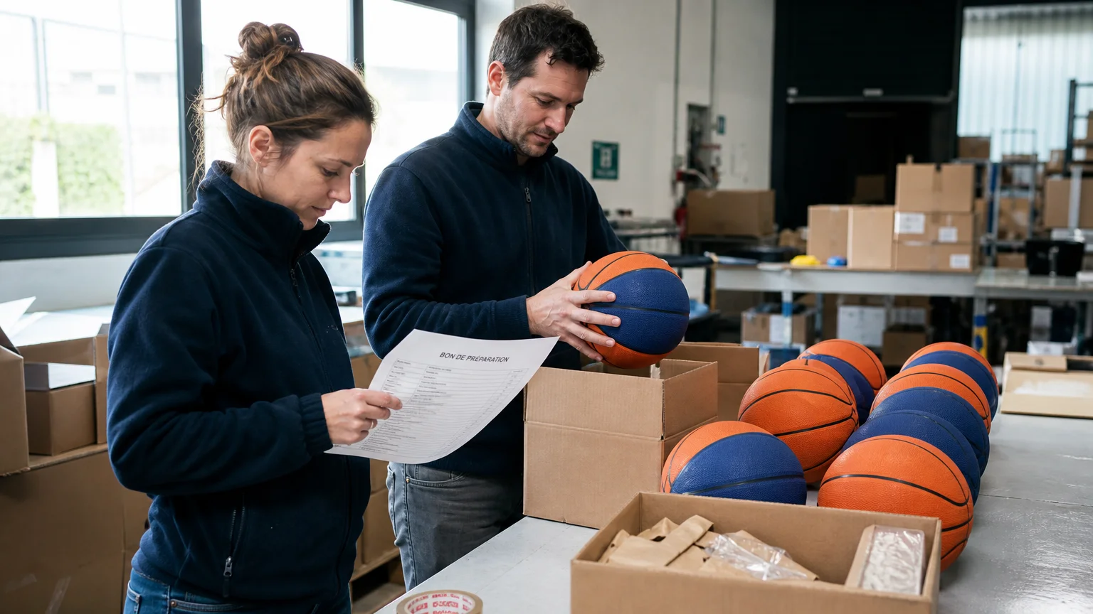 Préparation de ballons de basket personnalisés pour une distribution professionnelle