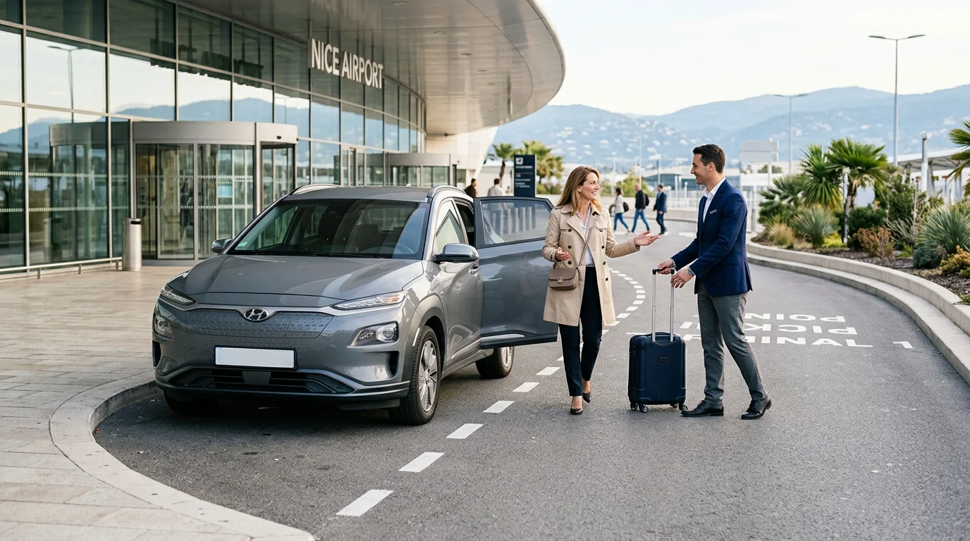 Chauffeur with a grey electric SUV assisting a traveller at Nice airport