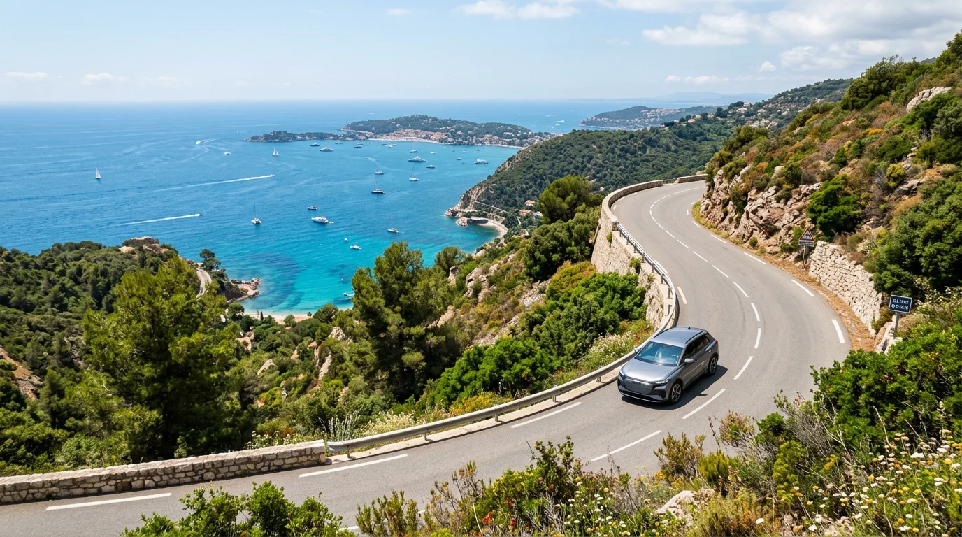Grey electric SUV on a scenic French Riviera coastal road toward Saint-Tropez