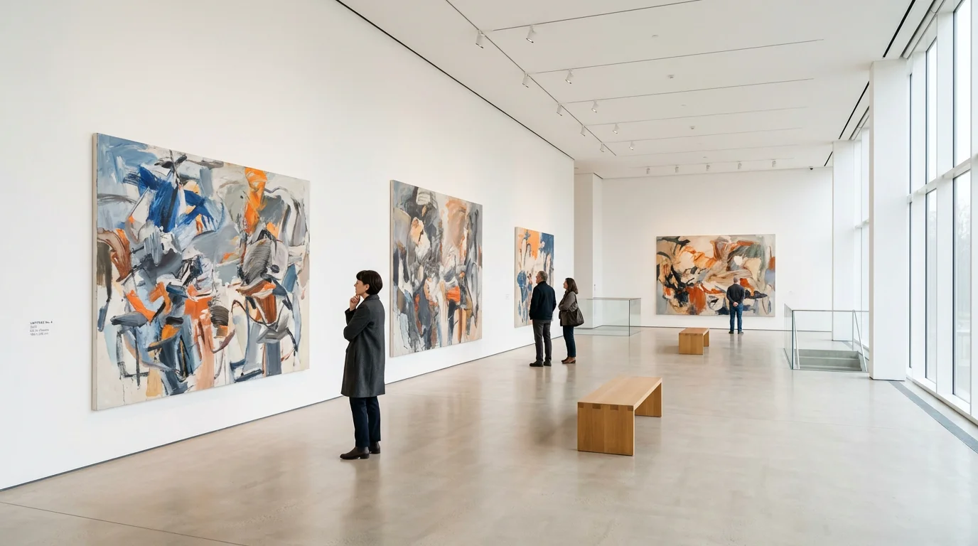 Visitors viewing large abstract paintings in a bright contemporary art gallery