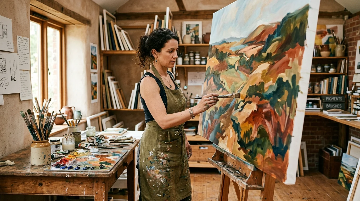 Artist working on a large custom painting commission in a bright studio