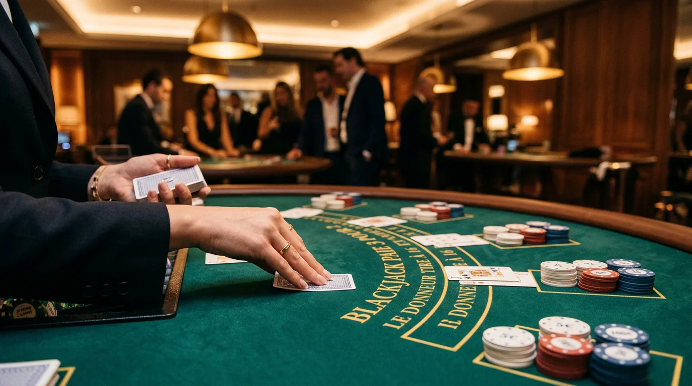 Distribution de cartes de blackjack sur un tapis vert avec des jetons